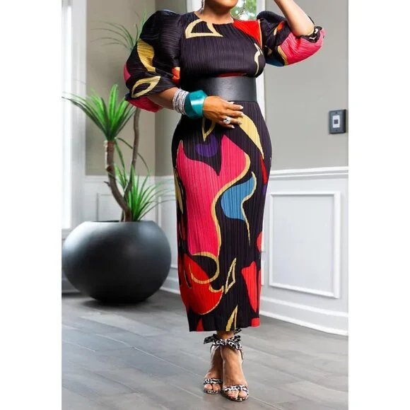 Women African Floral Maxi Dress Puff Sleeves Casual Formal Party Wear